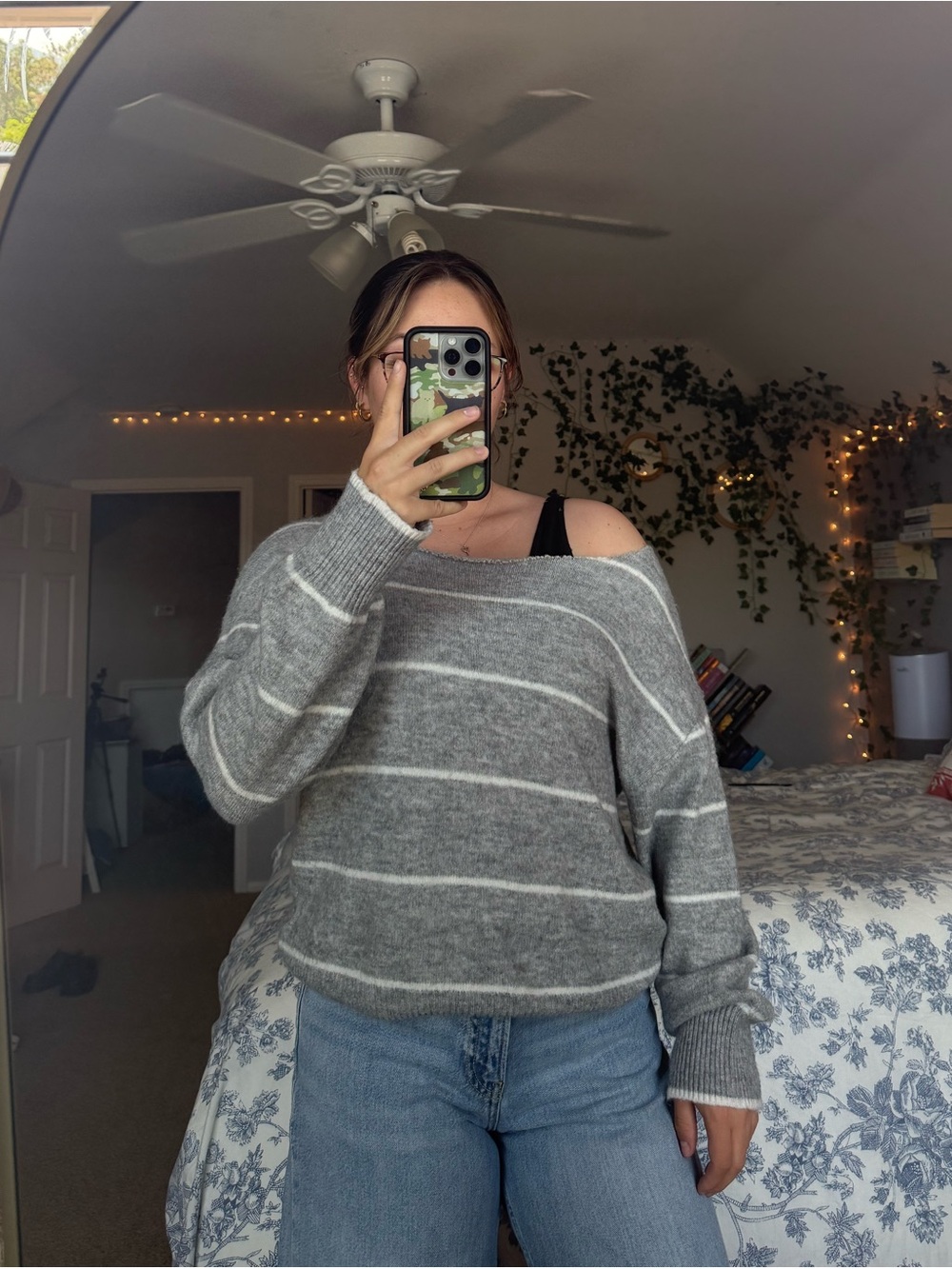 H&M Gray & White Striped Off-the-Shoulder Sweater